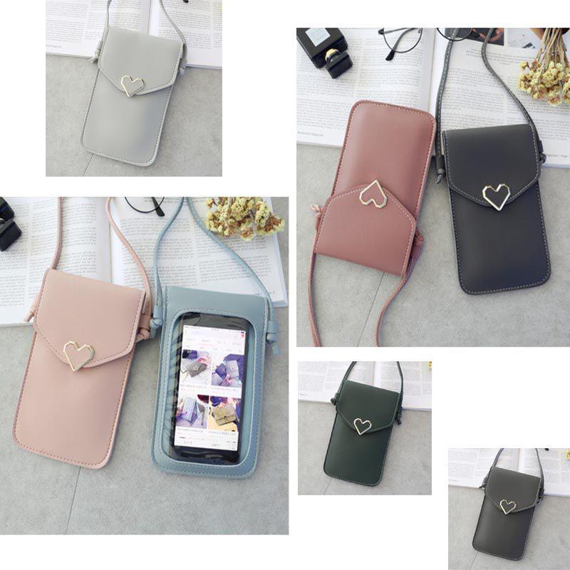 Stylish Women Simple Pu Leather Heart-shaped Decor Transparent Touch-screen Mobile Phone Bag