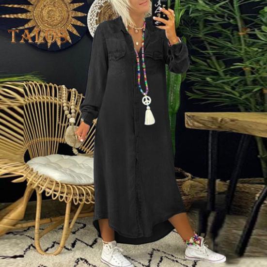 Toamnă, primăvară, rochie de damă, cu un singur rever, mâneci lungi, buzunar pe piept, tiv despicat, rochie de dimensiuni mari, culoare uni, nasturi, linie a, ținută zilnică maxi