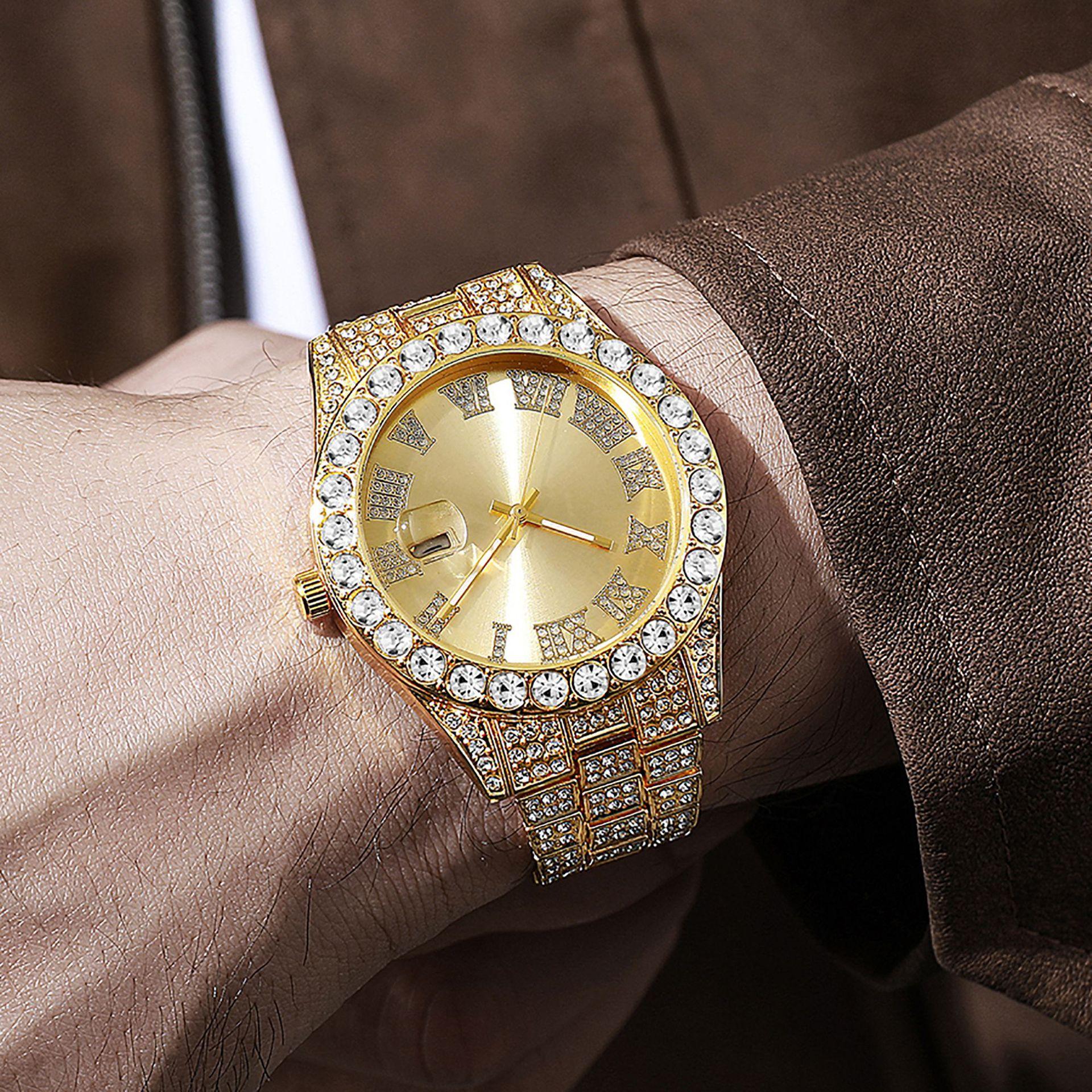 Классические Роскошные Золотые Мужские Кварцевые Часы на Стальном Ремешке с Римской Шкалой, Стразами и Календарем, Модные Мужские Наручные Часы золотой