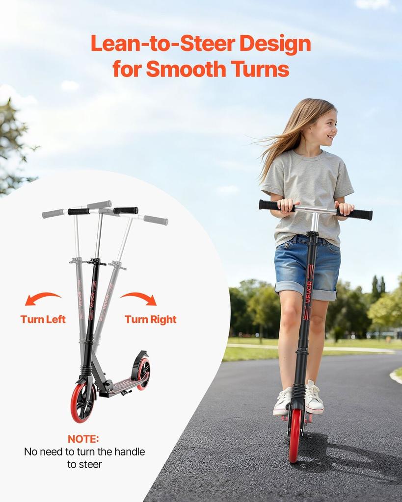 Kick Scooter for Kids Ages 8+, Teens & Adults, 2-Wheel Toddler Scooter with Adjustable Height Handlebar, Wide Anti-Slip Deck, Foldable Lightweight for