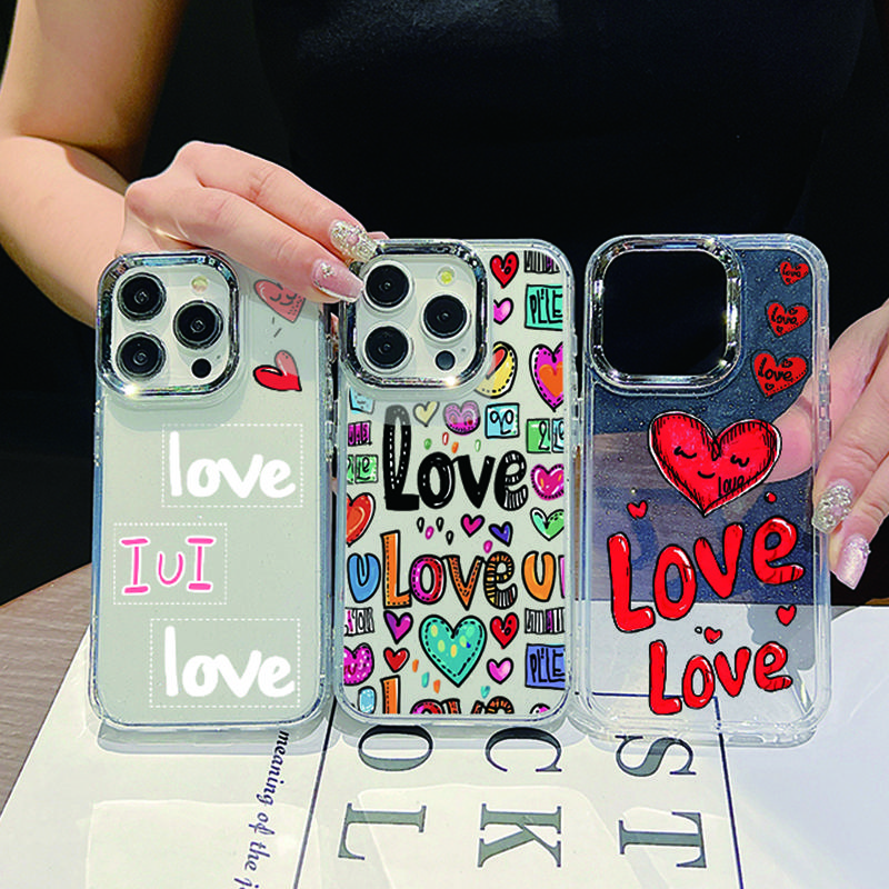 Fashion Colorful Love Hearts Print Clear Phone Case For iPhone 16 Pro Max 15 Plus 14 Pro 13 12 11 Plating Lens Protection Soft TPU Shockproof Cover