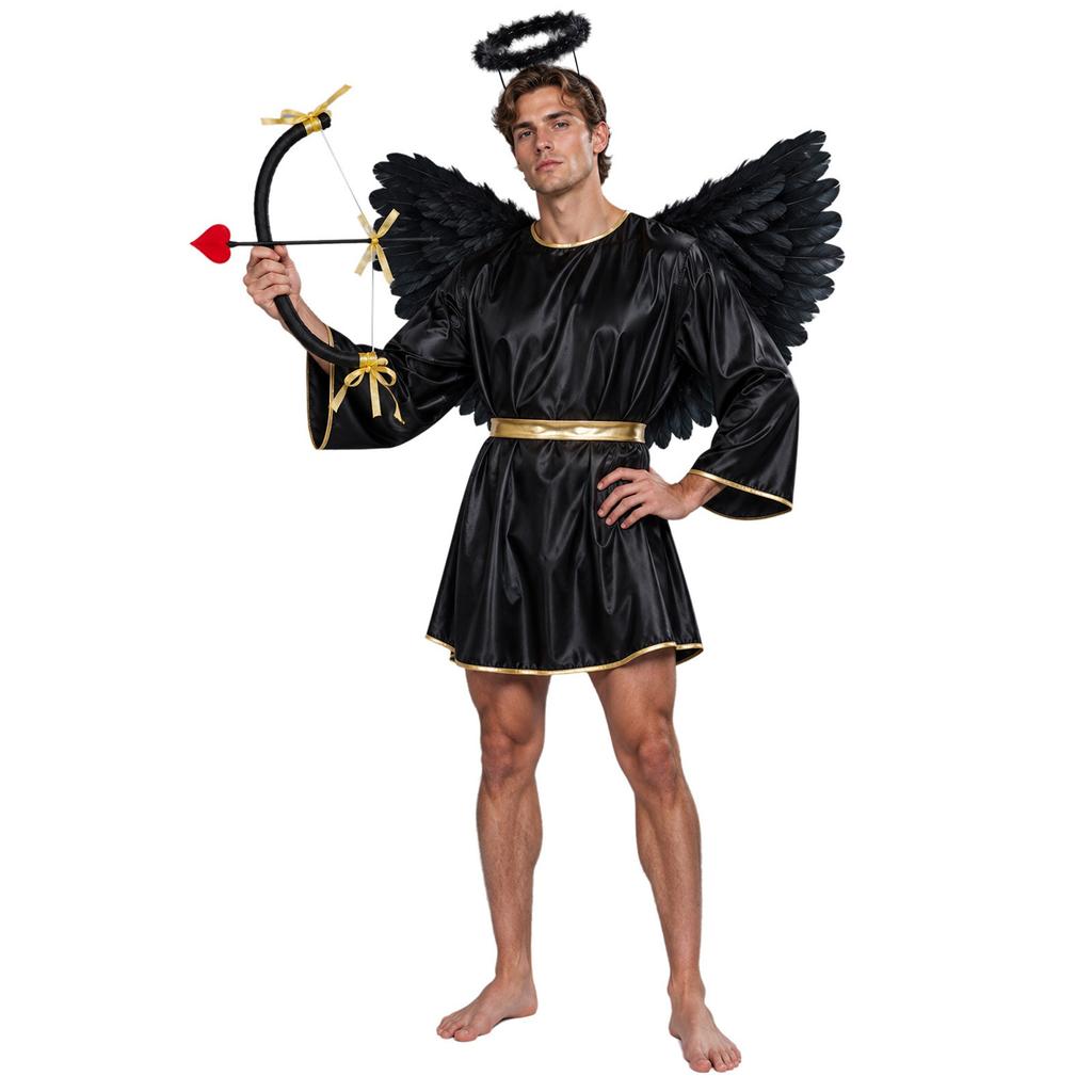 Men Angel Role Play Robe Patchwork Gold Trim Round Neck Batwing Sleeve with Feather Wing Headwear Bow and Arrow Set for Carnival