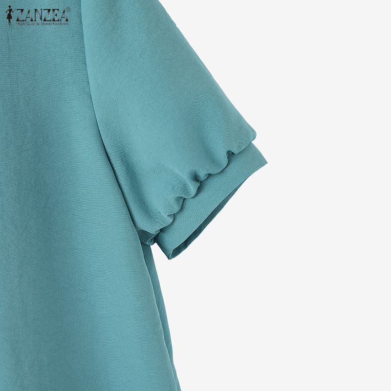 ZANZEA Damen Freizeit Rundhals Einfarbig Kurzarm Bluse