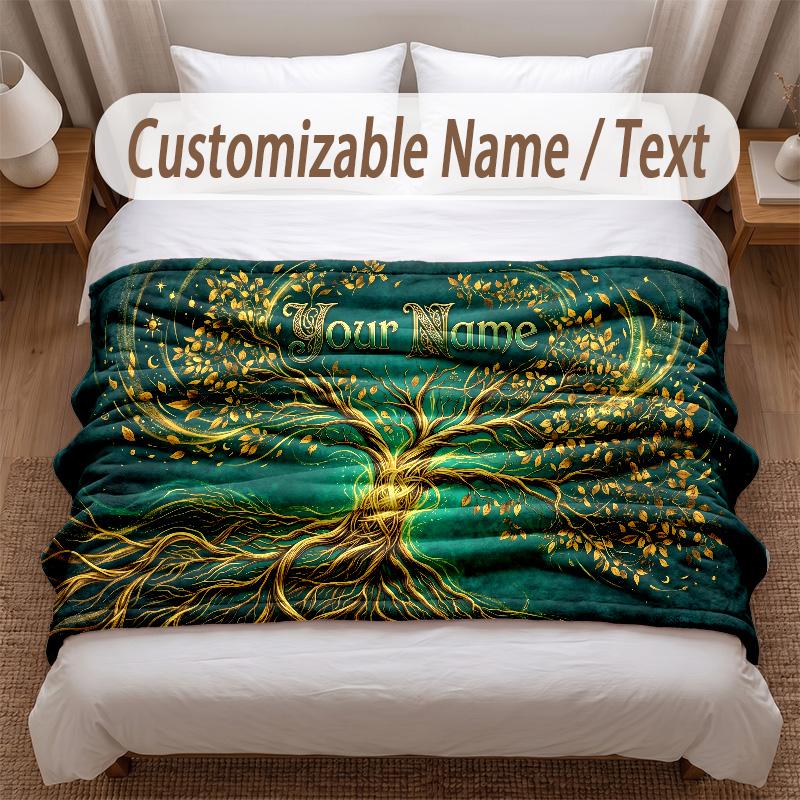Tree of Life Theme Soft Blanket Personalized Custom Name Text Print Warm Blanket Home Sofa Bedroom Decor