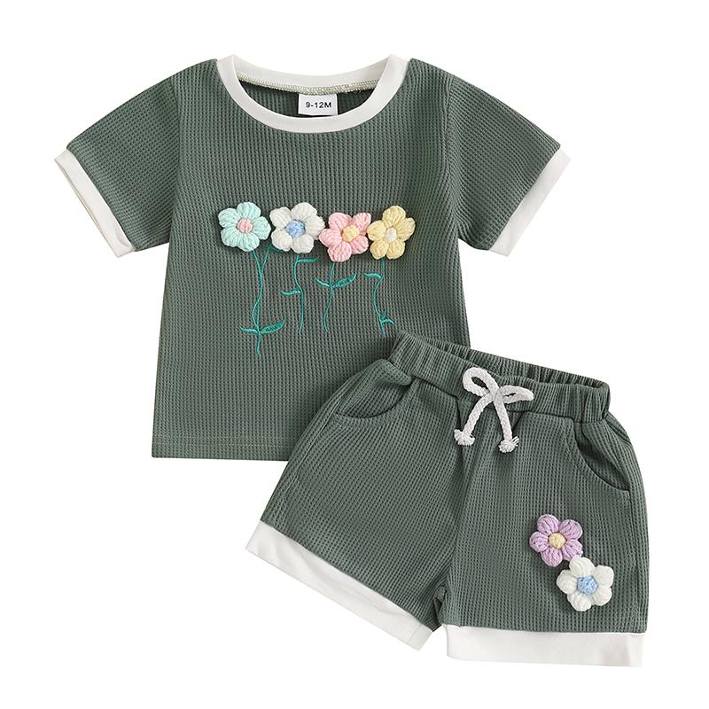 Toddler Girl Summer Waffled Clothes 3D Flower Short Sleeve Round Neck Tops Elastic Waist Shorts Children Outfit