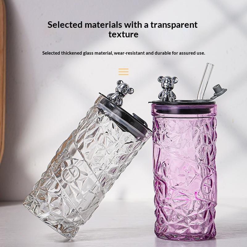 Glass Water Cup Women'S Coffee Cup With Lid And Straw Portable Home Tea Cup Office European-Style Vintage Milk Cup