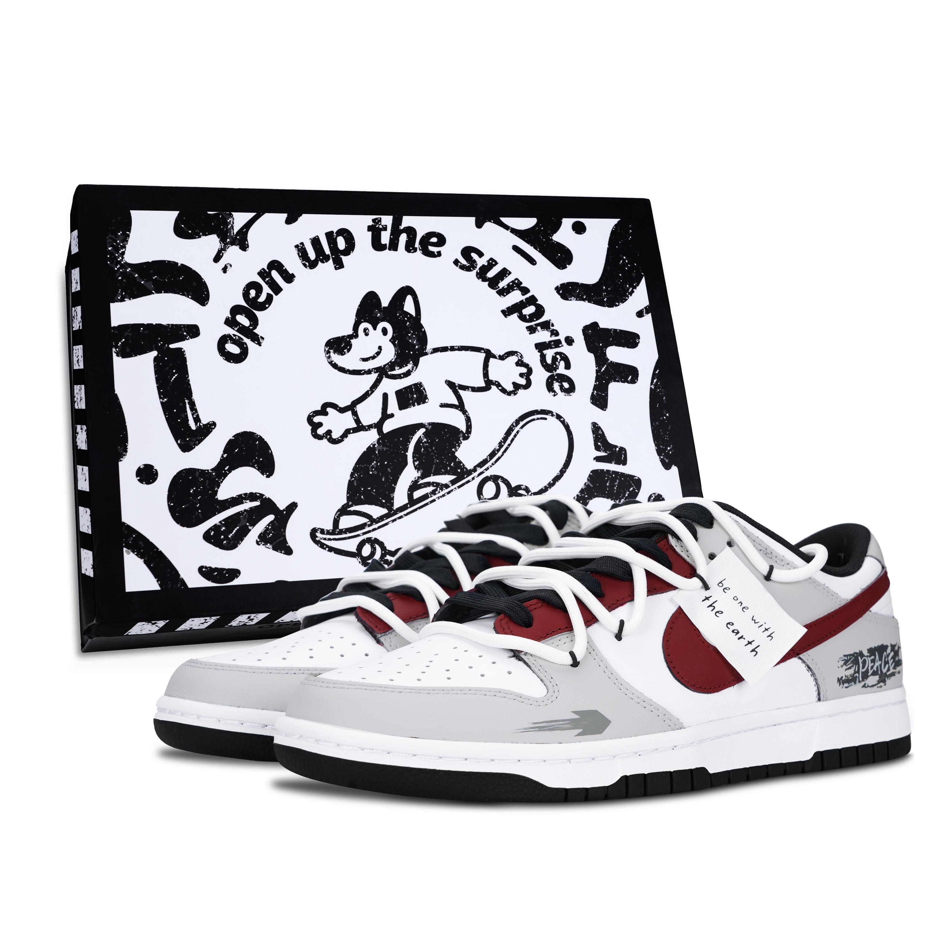 

Nike Dunk Black White, Gray Red, And Rhyme Leather Low top Skateboard Shoes Unisex Red Gray HF5441-100(Team887-) 36.5
