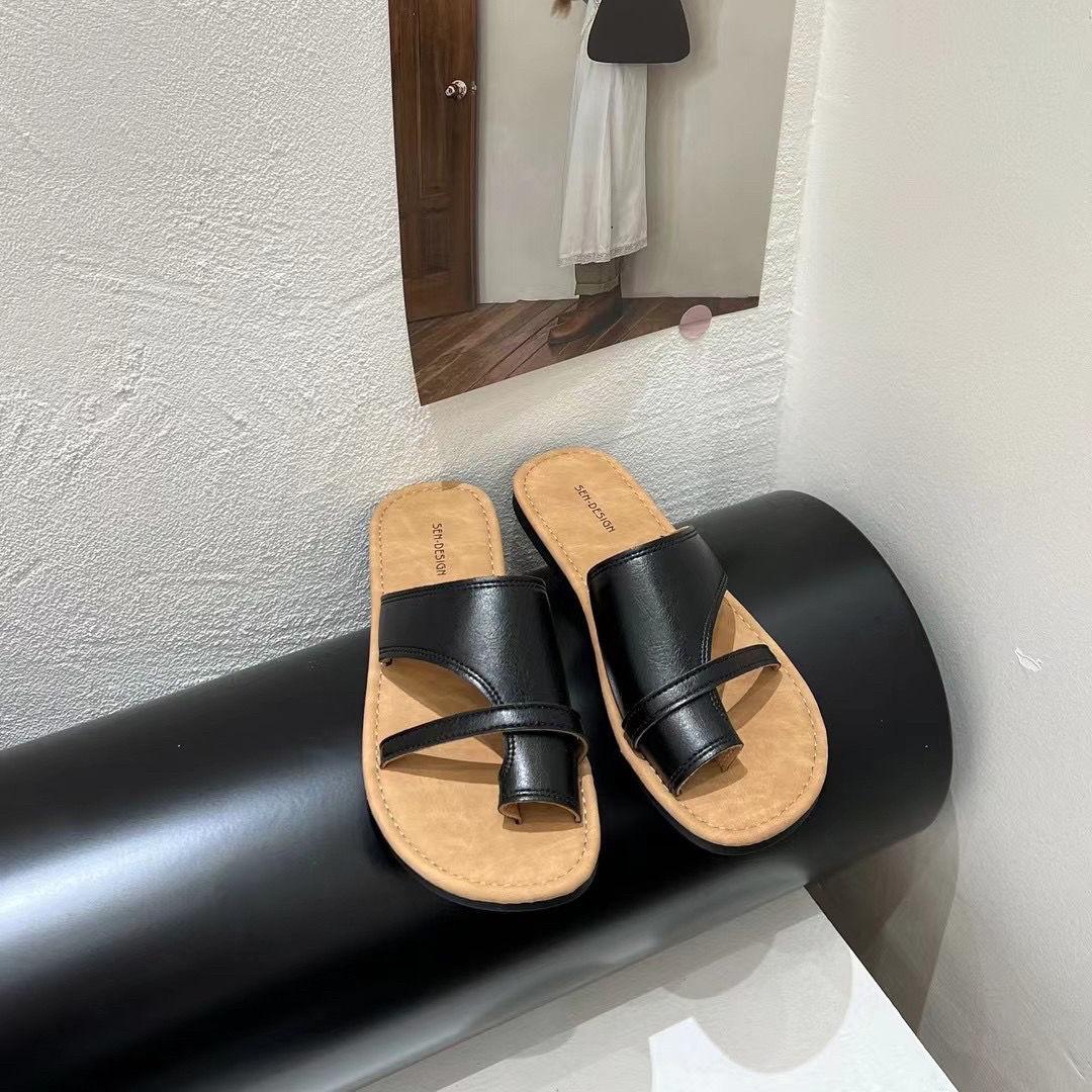 

Slip-On Sandals Women Casual Pu Leather Strap Slippers Summer Flat Heel Sandals Fashion Dress Flip Flops Beach Shoe Femme Slides 35 чёрный