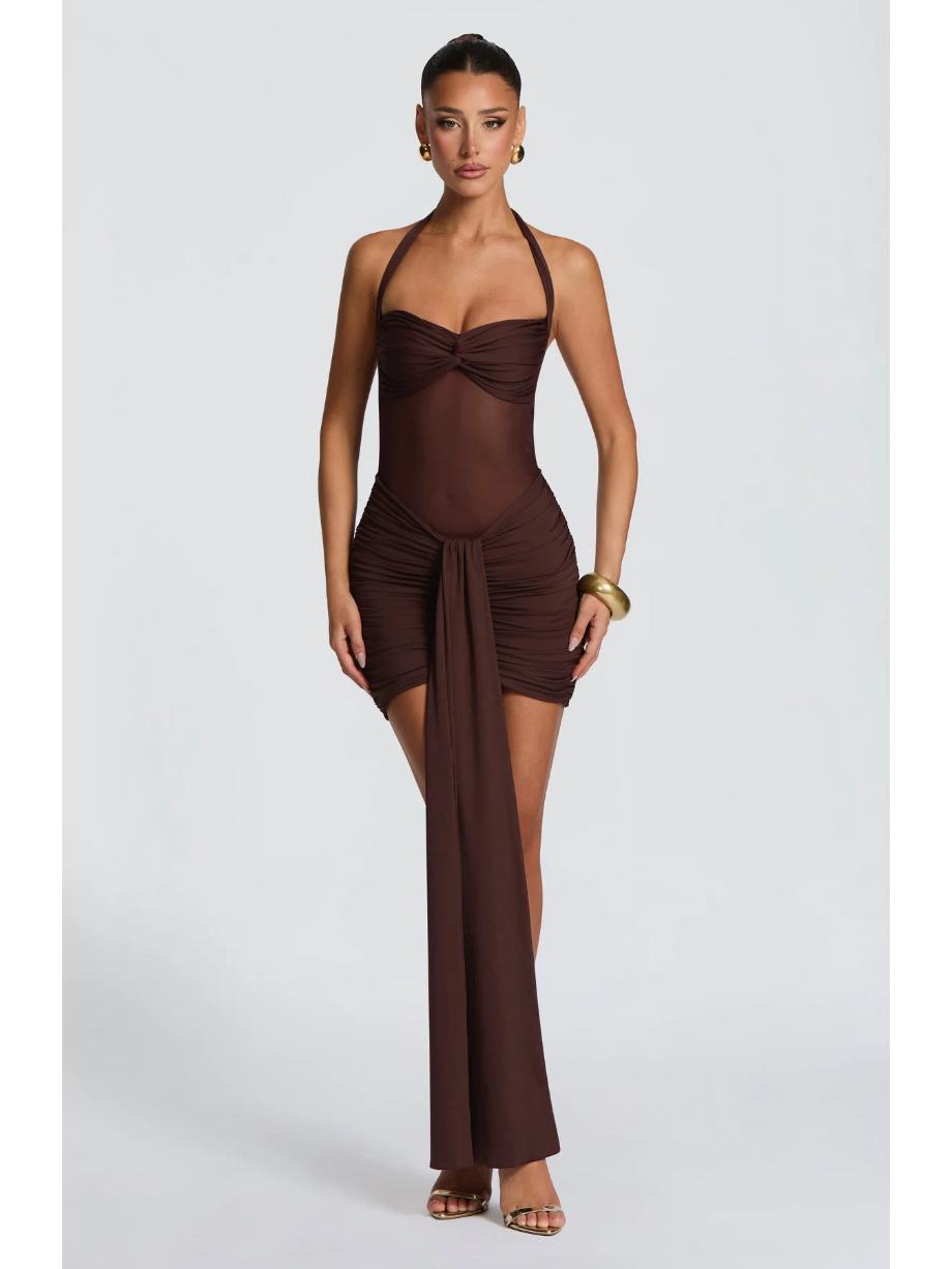 European & American Style Lace-Up Mesh Halter Patchwork Ribbon Bodycon Dress (2026 Summer Collection) Medium коричневый