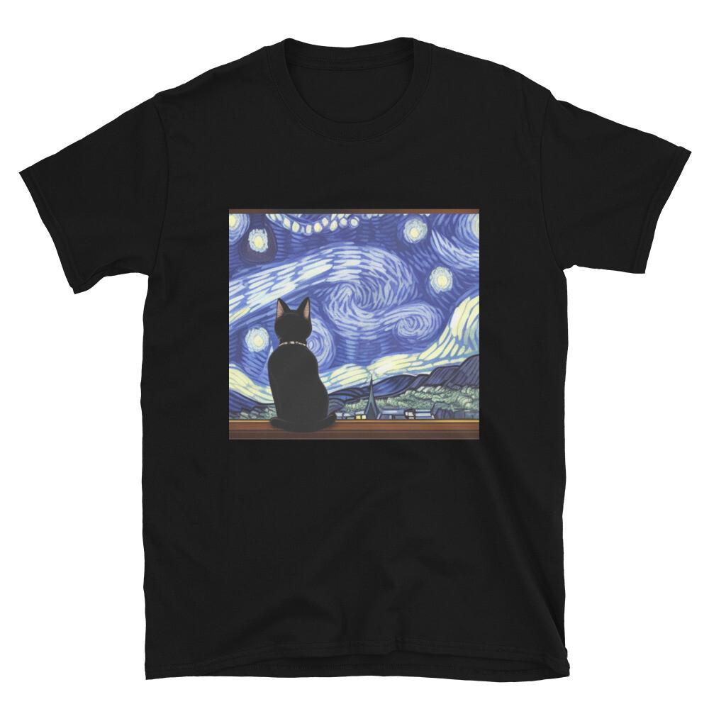 Van Gogh Inspired Black Cat Staring at Starry Night T-Shirt Unisex T-Shirt XXXL