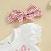 Baby Girls 1st Birthday Outfits Letter Short Puff Sleeve Romper with Plaid Print Shorts and Headband