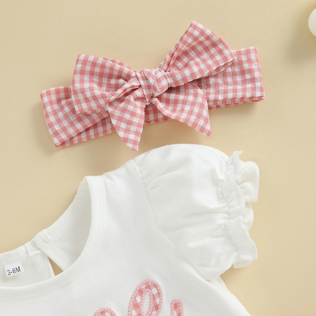 Baby Mädchen 1. Geburtstag Outfits Buchstaben Kurz Puffärmel Strampler mit Karodruck Shorts und Stirnband