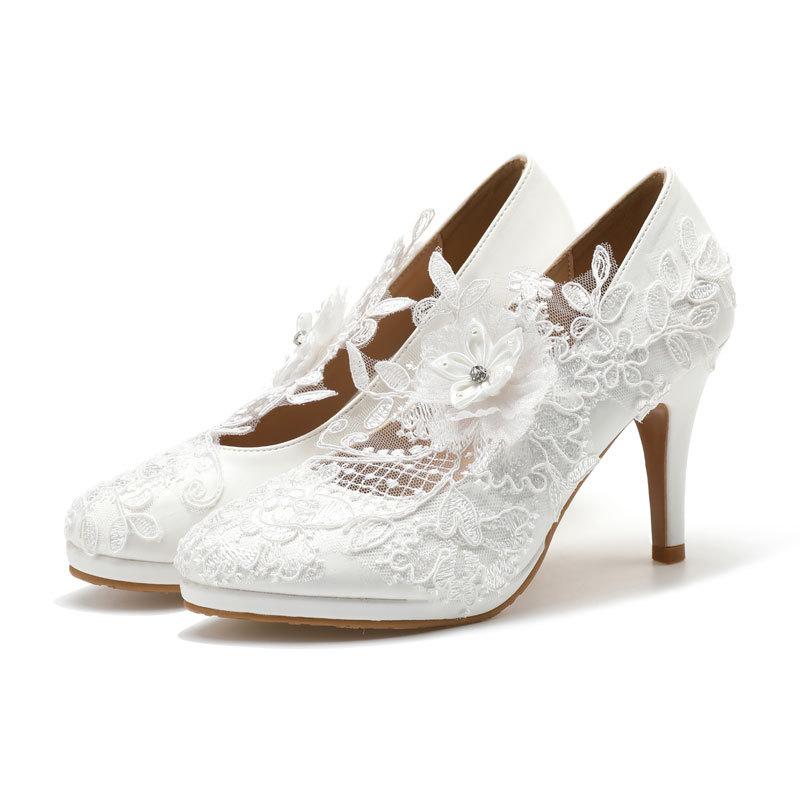 

Белые кружевные туфли на высоком каблуке водонепроницаемые с круглым носком свадебные туфли большого размера модная женская обувь туфли со стразами туфли с цветами туфли для подружки невесты 43 34