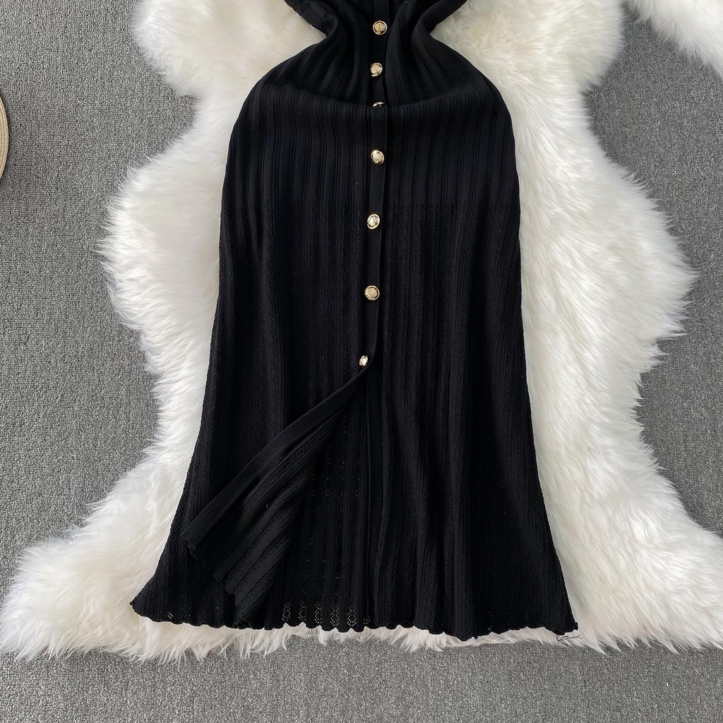 Summer Women O-neck Sleeveless Single Breasted Knitted Mid-calf Slim Tank Sweater Dresses