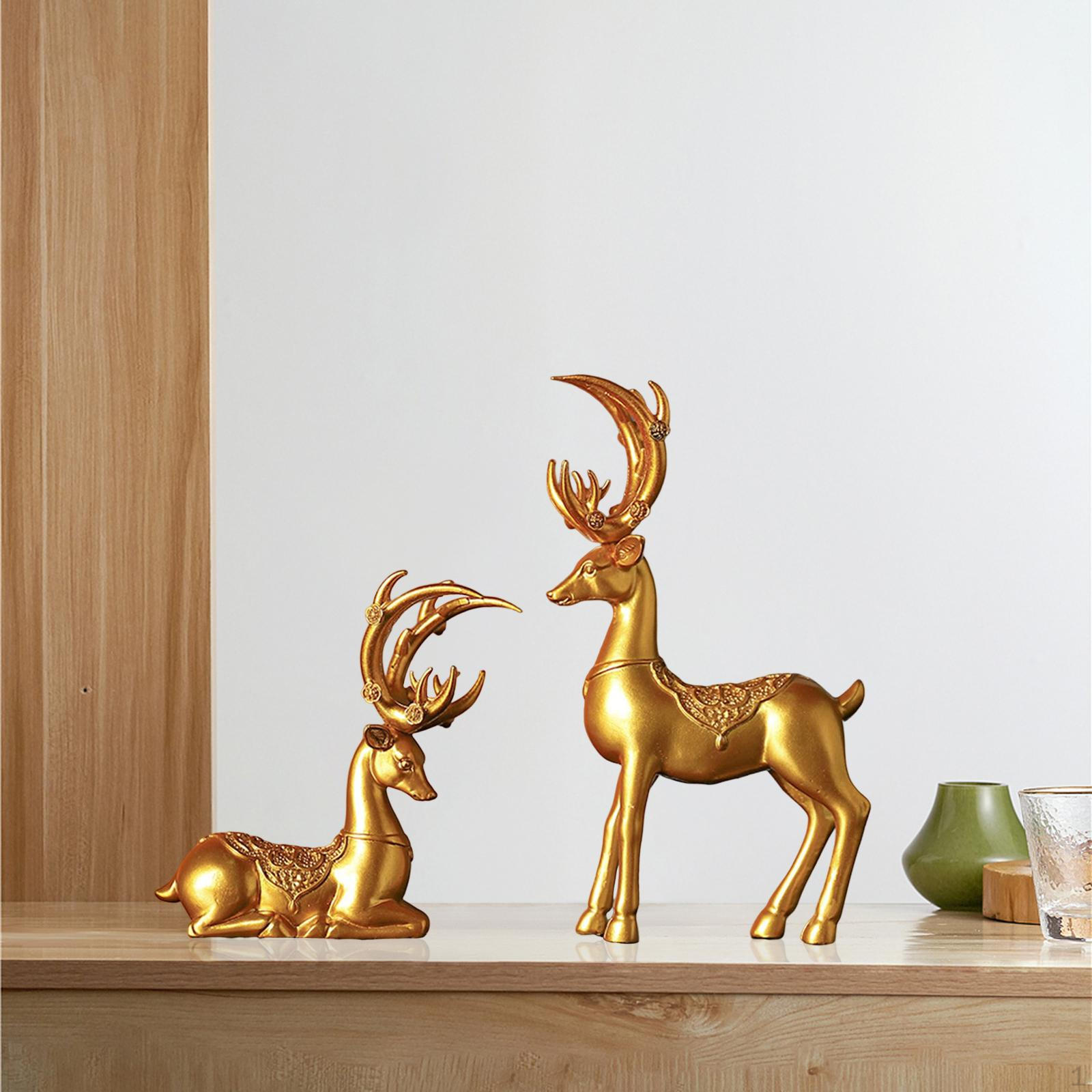 

2PCS Christmas Reindeer Resin Sculpture Couple Deer Figurine Statue Decor Option1 Gold