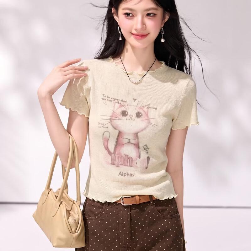 Zuose Sweet Cat Print Ruffle Knit T-shirt L абрикосовый