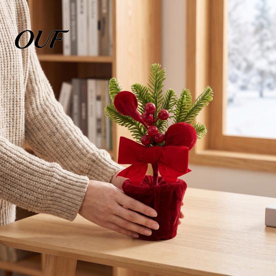 Holiday Desk Decorations Velvet Christmas Ball Potted Plants, Mini Tree with Artificial Pine, Tabletop Red Berry, Fabric Bow, Centerpiece for
