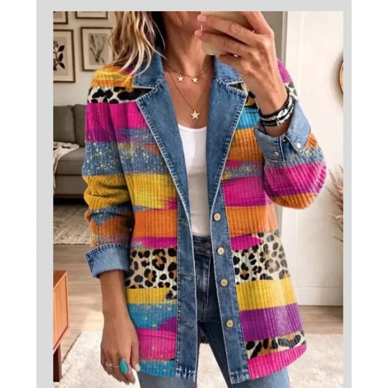 Damen Leopardenmuster Denimjacke Langarm Lockerer Schnitt Lässig Offene Vorderseite Hemdkragen Streetwear Mantel