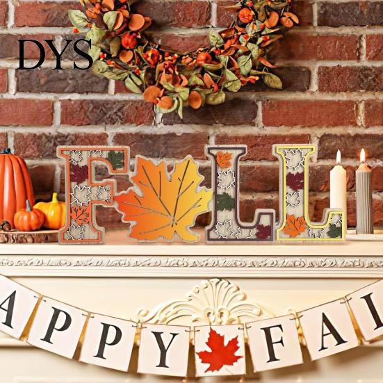 Solid Wood Harvest Theme Signs 4Pcs/Set Fall Wooden Tabletop Signs, Autumn Maple Leaf Letter Decorations for Rustic Thanksgiving Table Decor