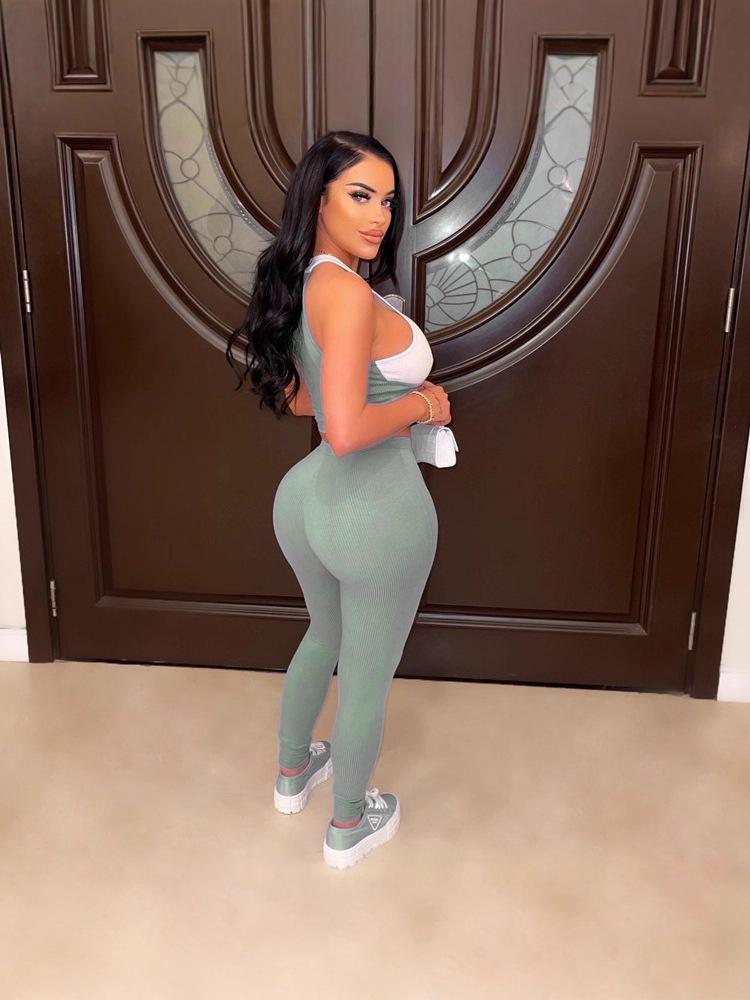 Women's European & American Sexy Ribbed Two-Piece Set: Round Neck Vest & Tie Pencil Pants