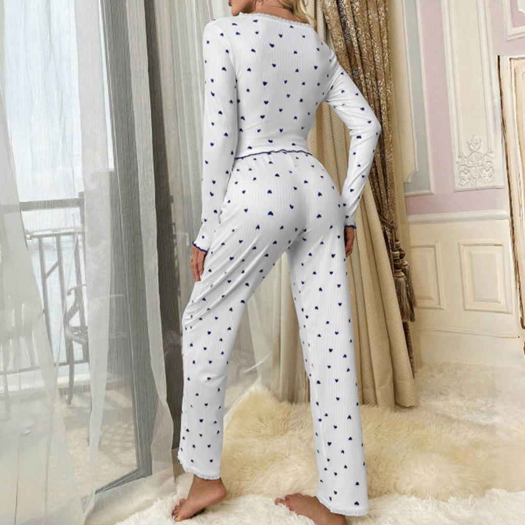 Women's Home Clothes Pajamas Long Sleeved Pants Loose And Comfortable Sexy Lace Love Print V-neck Two-piece Set