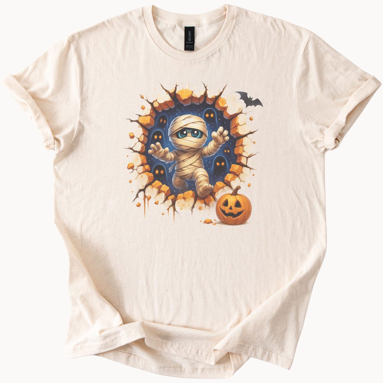Cute Mummy Halloween T Shirt Cartoon Mummy Breaking Wall with Pumpkin and Bats Spooky Ghosts Fun Fall Graphic Tee Shirt 140