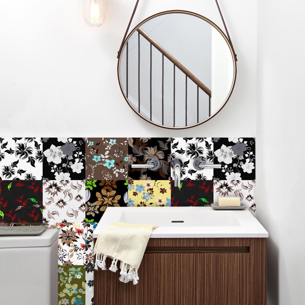 16ks Květinový vzor Dlaždice Samolepka na stěnu Kuchyňský backsplash Šatní skříň Koupelna Domácí dekorace Vodotěsná Samolepící umělecká samolepka na zeď