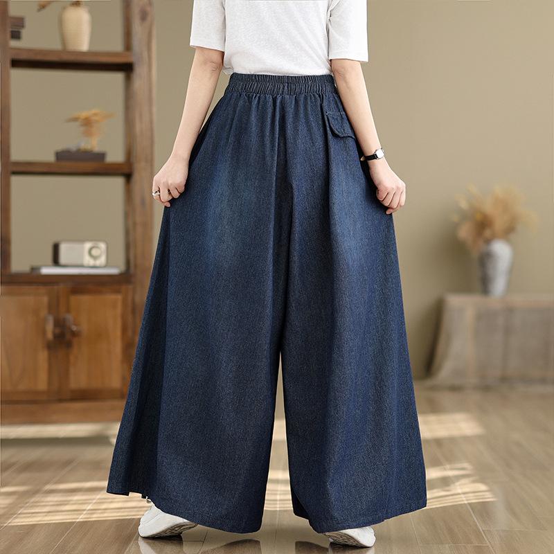 Blaue High Waist Weite Hosen Damen Sommer Einfarbig Lässig Jeanshosen Damen Schlitz Locker Jeanshosen