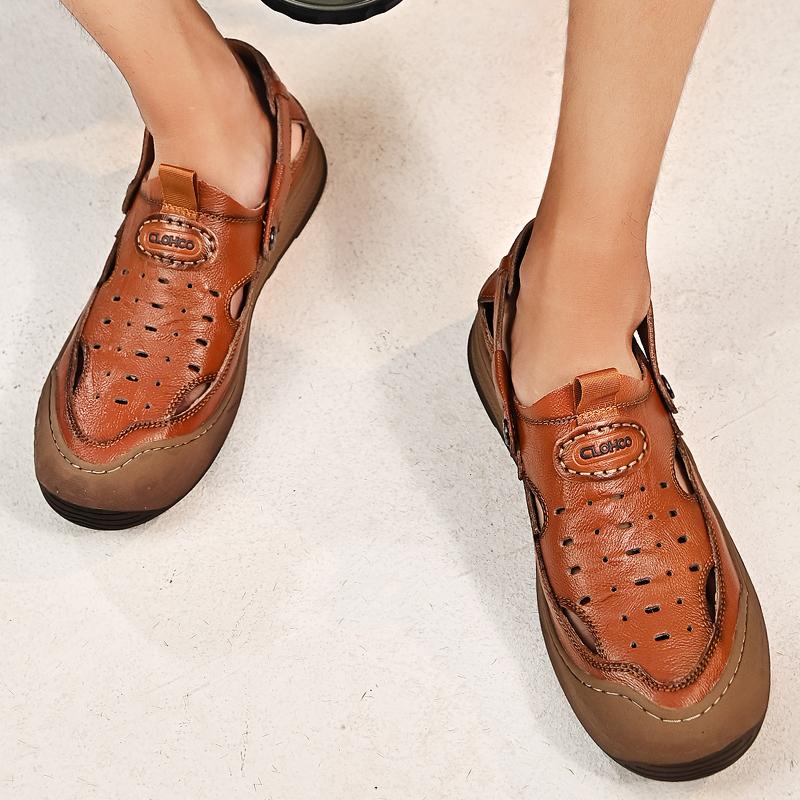 Fashion Breathable Beach Leather Man Sandals Outdoor Soft Hiking Closed Toe Summer Hollow Out Shoes Mens Baotou Trekking Casual Sandals