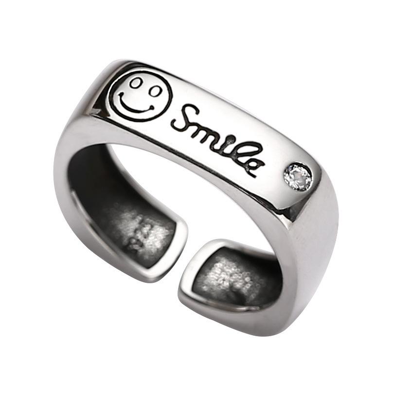 Beixi Smiling Face Wide Band Ring: Women s 925 Sterling Silver, Stylish Square Design, Trendy and Simple. Adjustable Open