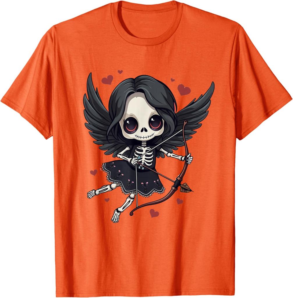 Gothic Skeleton Cupid Dark Valentine Kawaii Angel Graphic Tee Casual Cotton T-Shirt
