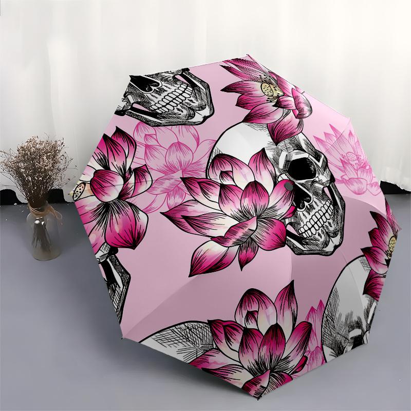 Skull & Lotus Flower Patterned Circular Umbrella, Portable 3-Fold Umbrella for Men & Women,Christmas Gift ES294