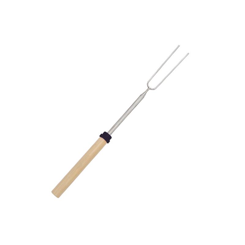 Stainless Steel Telescopic BBQ Fork with Wooden Handle - U-shaped Skewer for Hot Dogs