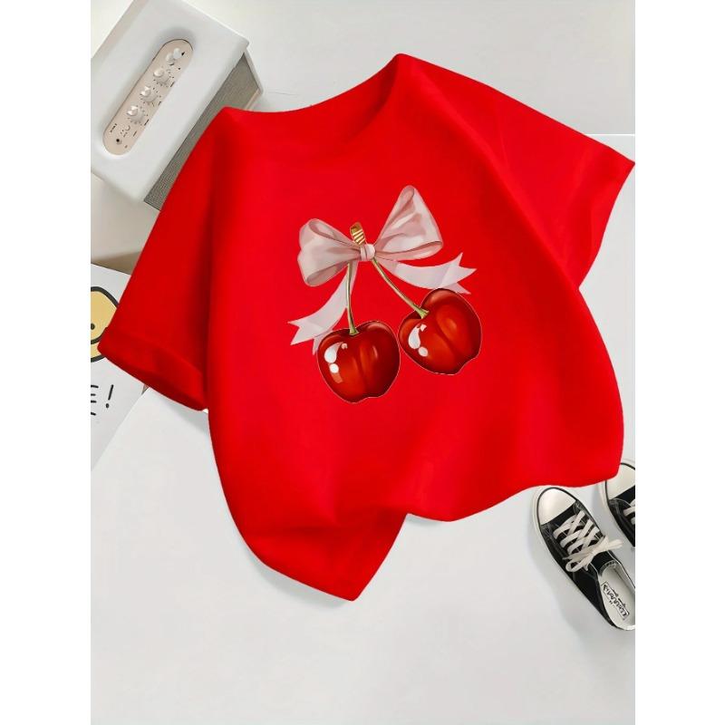 Girls' Casual Short Sleeve Round Neck T-Shirt Summer with Fabric Playful Casual Shirts for Girls Cherry Graphic Tee Comfortable
