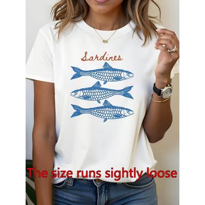 Women's Funny Sardines T-Shirt - White Crew Neck Tee with Blue Sardine Can Print, Lightweight Summer Top Suitable for Beach Outfits