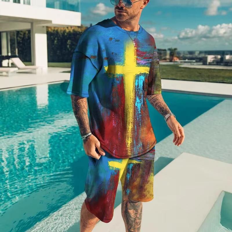 Fashionable Men's Sportswear Summer Beach Short Sleeved 3D Printed Shirt Set Street Wear T-shirt Shorts Men's Loose, Soft, Comfo