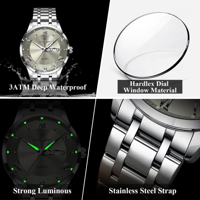 POEDAGAR Luxury Fashion Men Clock Waterproof Luminous Week Date Sports Wristwatch Stainless Steel Quartz Watches Reloj