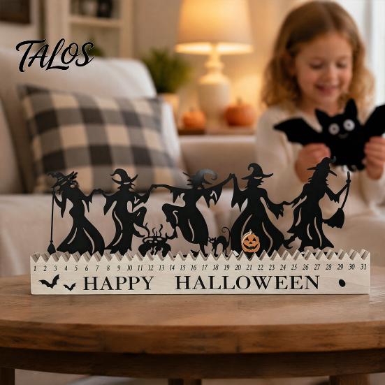 Reusable Holiday Ornaments Halloween Wooden Countdown Calendar, Dancing Witch 31 Day Timer with Silhouette Sliding Pumpkin, Spooky Tabletop Decor for