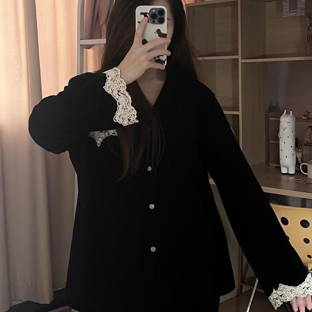 Lace Lace Pajamas Women's Ins Style Spring and Autumn Long-sleeved Trousers Suit Korean Version of Beautiful Girls Can Wear Loungewear Outside