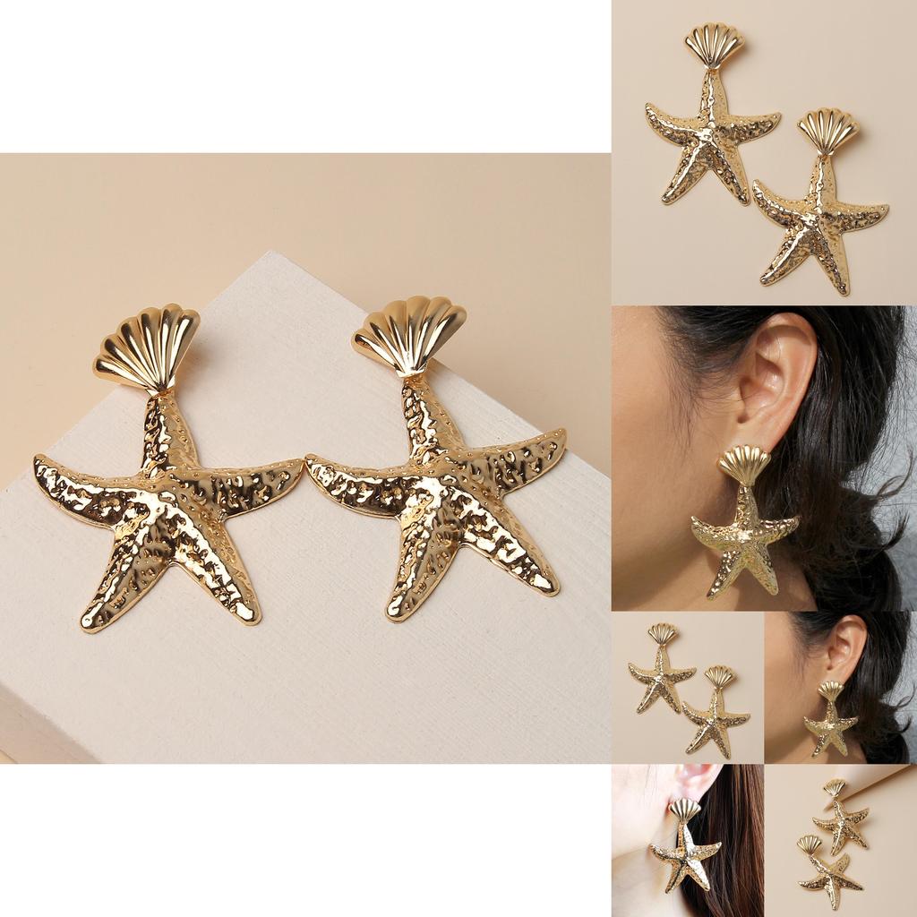 Gold Fashionable Shell Starfish Design Women Metal Earrings For Beach Summer