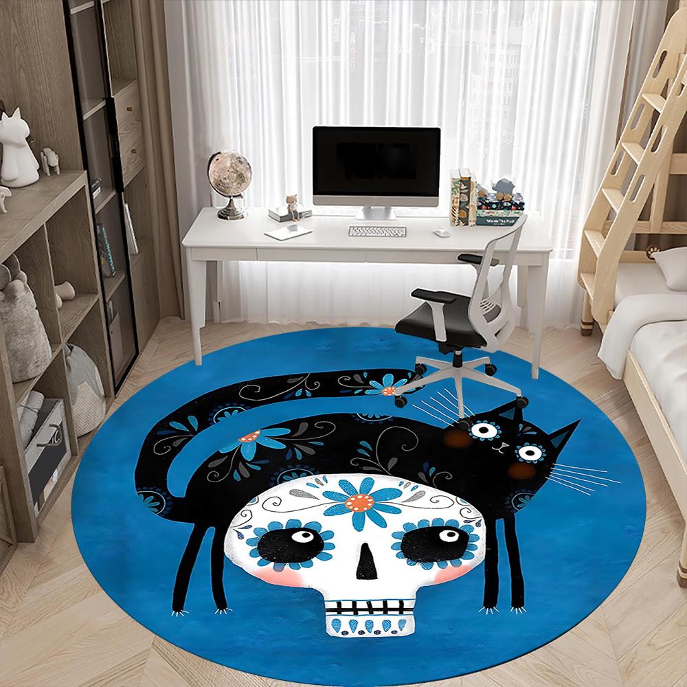 1PCSugar Skull Cat Office Round Area Rug,  Mat Suitable For Office, Under Office Chairs Bedroom Living Room Home Decor, Room Deco