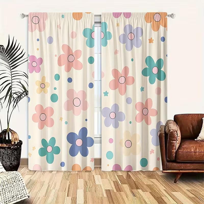 2pcs Fresh Floral Pattern Printed Light Filtering Curtain Bedroom Living Room Home Decoration Suitable for Pole Installation