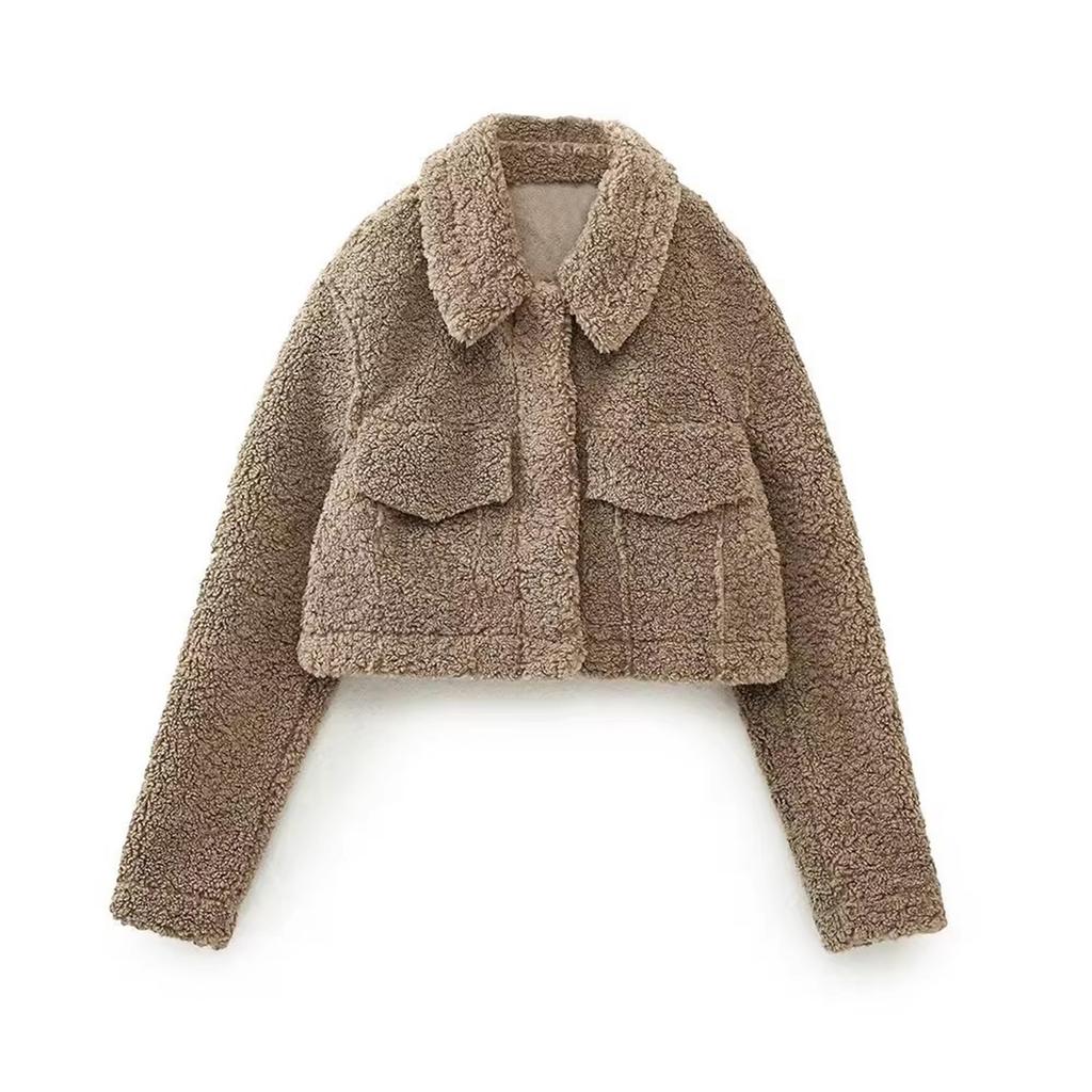 Women's Fleece Warm Lapel Short Long-sleeved Jacket