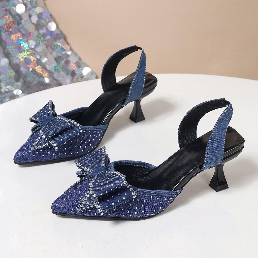 Petite-Sized Elegant Rhinestone Pointed-Toe Bow-Decorated High-Heel Sandals for Women Summer 2025 New Arrival Stiletto Sandals