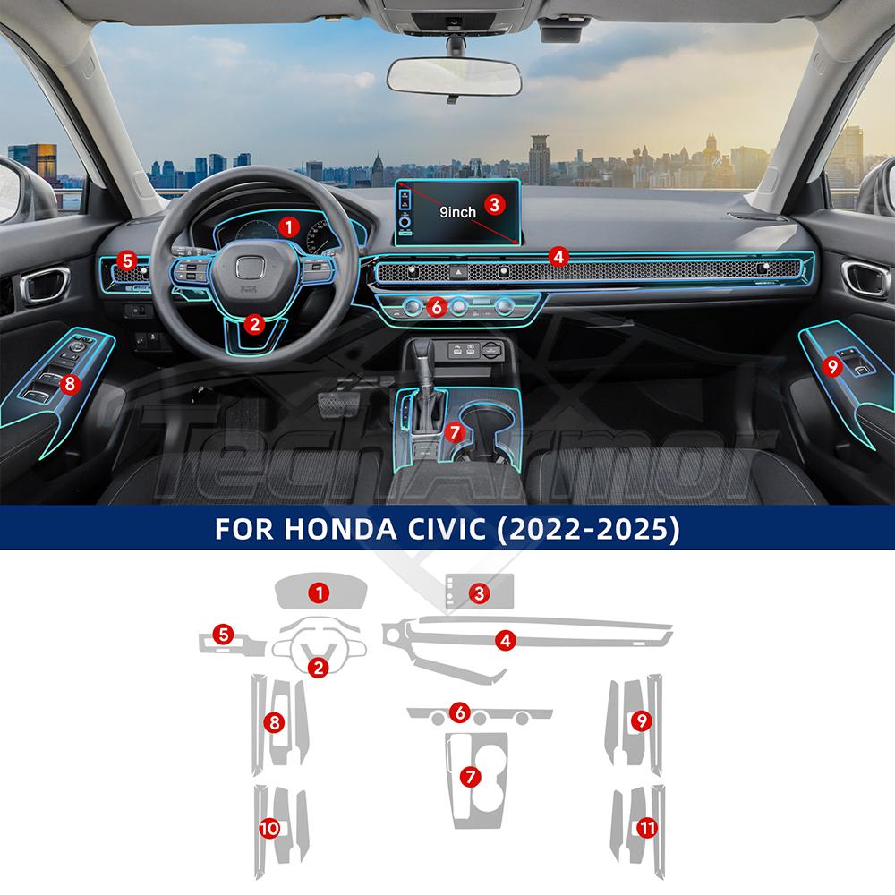 Car Interior TPU Protector Anti-scratch Film For Honda Civic -2025 Auto Protective Transparent Anti-tear Sticker Accessories