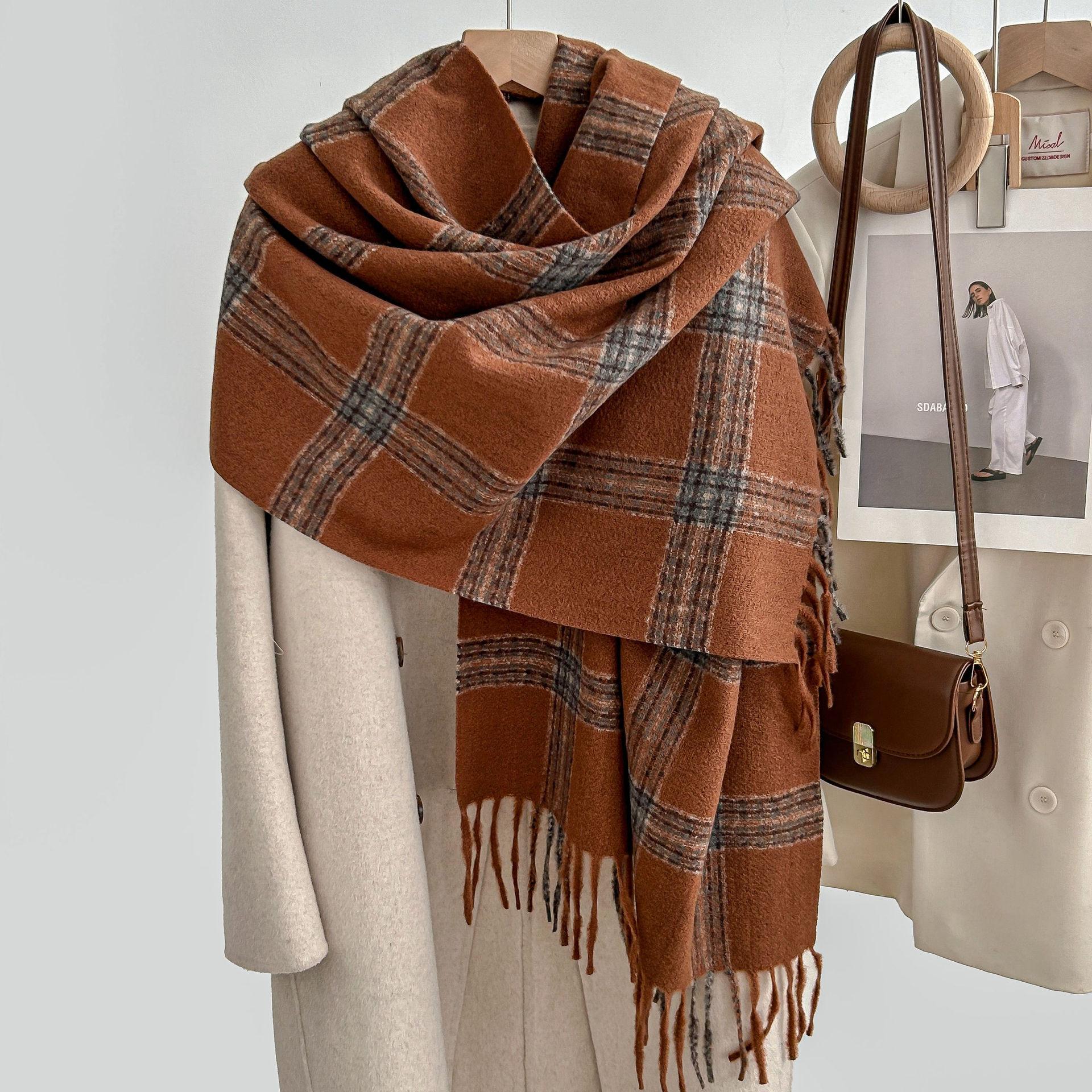 

British Retro Large Plaid Scarf for Women Winter Fleece-Like Cashmere Trendy Brand Korean Style Versatile Student Warm Neck Warmer One Size