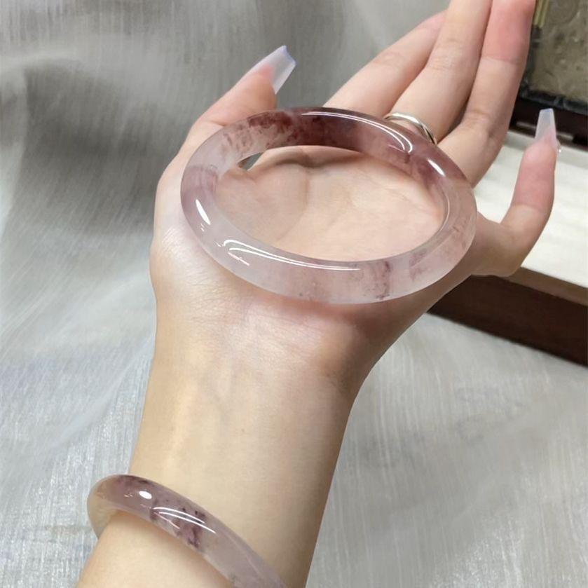 Raspberry Sparkling Water Chalcedony Dangle Bracelet: New Chinese Style Hanfu Accessory with 8mm Round Bar.
