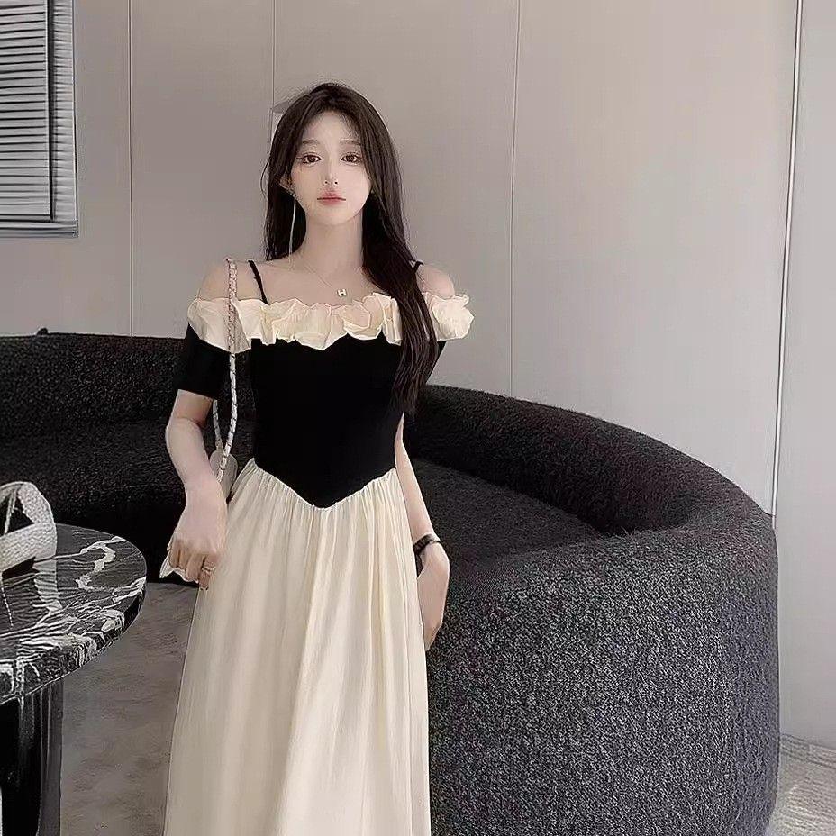 

Женское летнее платье с открытыми плечами во французском стиле 2024: Приталенный, с короткими рукавами, средней длины. Large