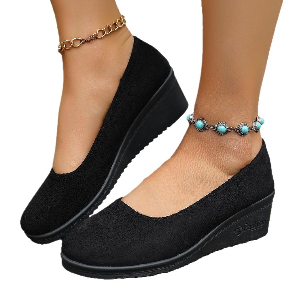 Foreign Trade Spring and Autumn Solid Color Thick Bottom Light Mouth Comfortable Suede Soft Bottom Wedge Heel Round Head Single Shoes European