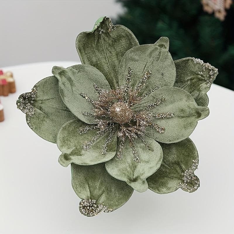 1pc Artificial Poinsettia Christmas Magnolia Flowers with Stems  Glittery Faux Flowers for Xmas, Wedding & Holiday Decor